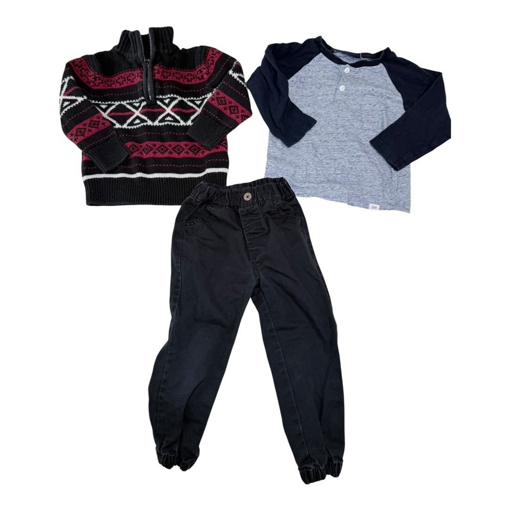 Chaps Sweater Gap Pants Kids 3T Set Fair Isle Quarter Zip Joggers Raglan Black